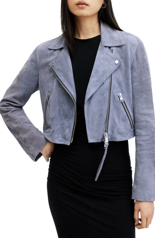 AllSaints Dalby Crop Suede Biker Jacket Pale Denim Blue at Nordstrom,