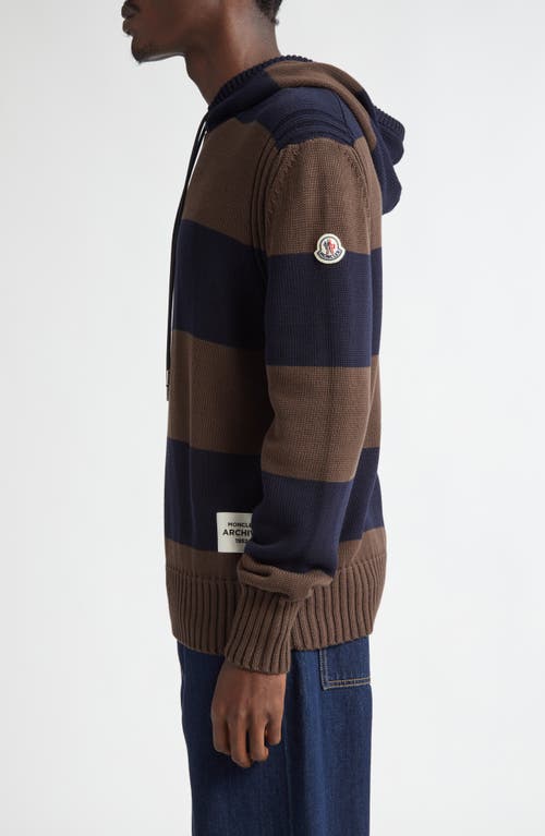 Shop Moncler Stripe Logo Knit Cotton Hoodie In Blue/brown