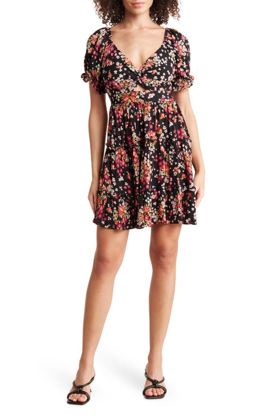 Angie Floral Peekaboo Short Sleeve Fit & Flare Dress In Black