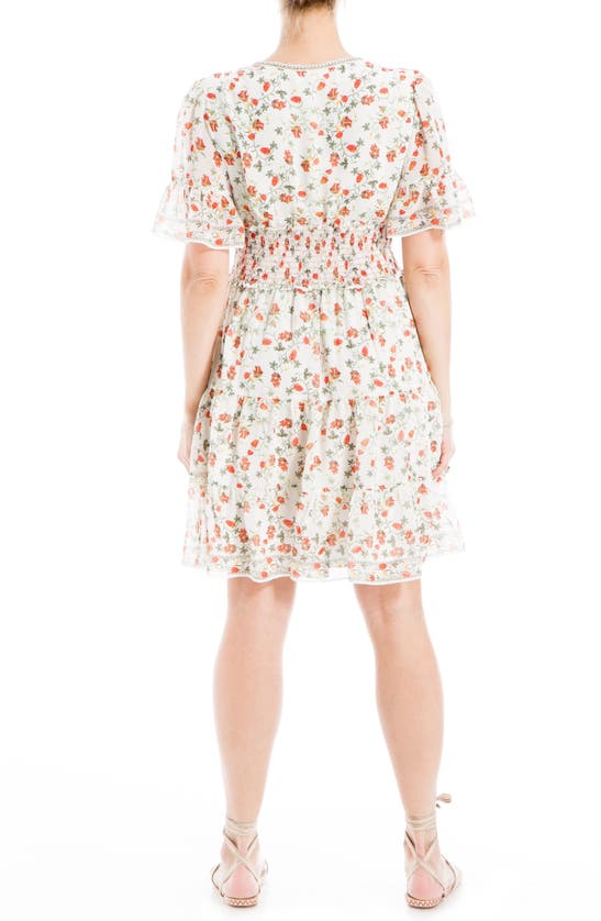Max Studio Georgette Ditsy Floral Print Tiered Dress In Cream/ Poppy Sml Crly Clstrs