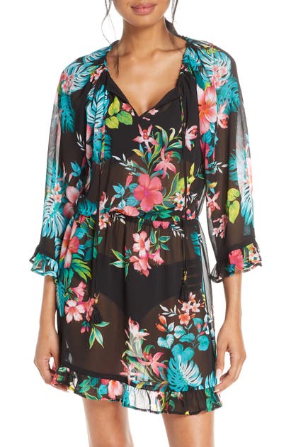 Tommy Bahama Fleur De Flora Ruffle Tunic Dress In Black | ModeSens