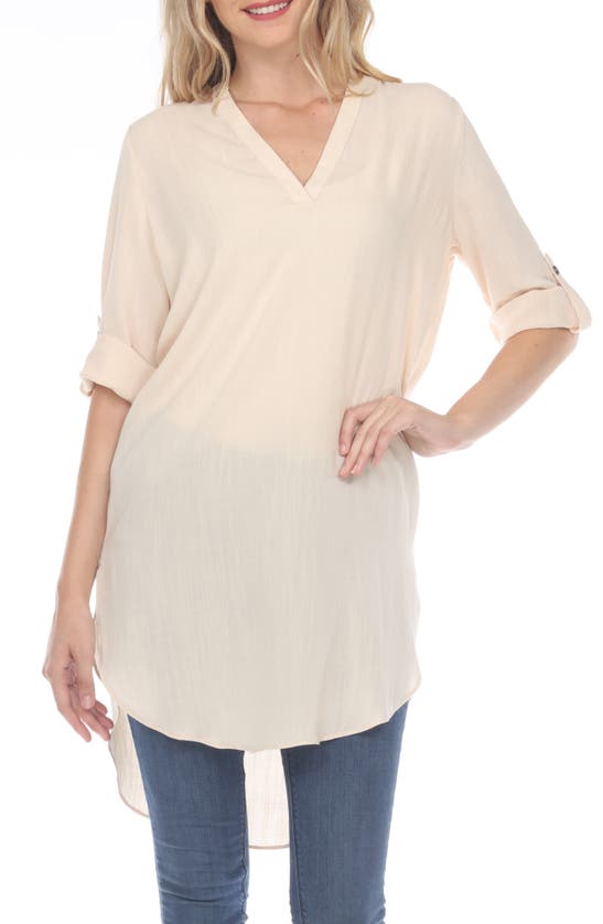 Rain And Rose Notched Neck Tunic Blouse In Peach