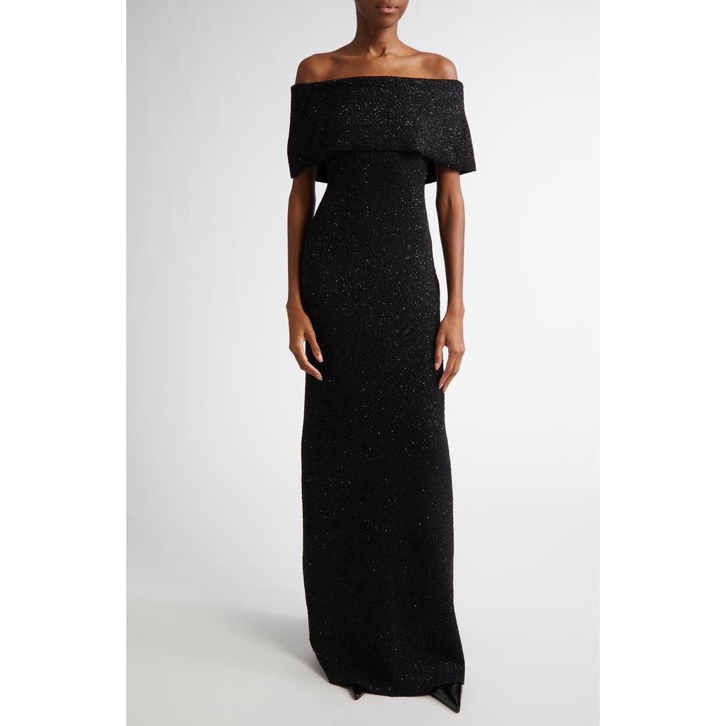 Lela Rose Sequin Off The Shoulder Knit Gown In Black