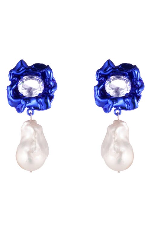 Lola Floral Baroque Pearl Drop Earrings in Cobalt