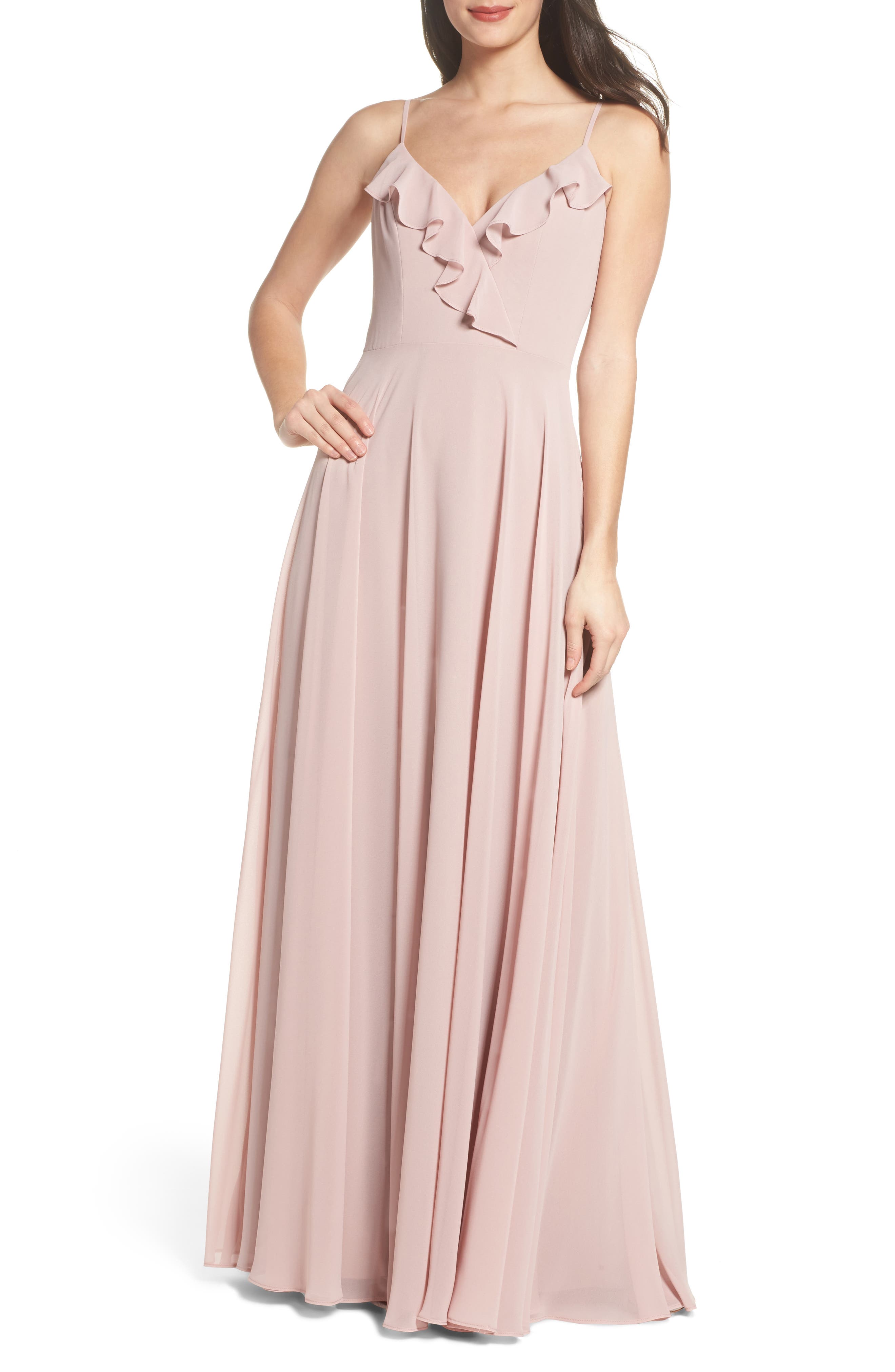 Hayley Paige Occasions Ruffle Chiffon Gown, Beige