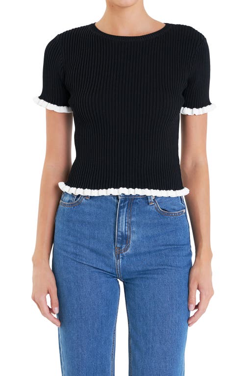 Shop English Factory Ruffle Trim Short Sleeve Rib Sweater In Black/white