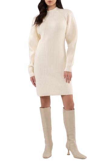 Shop August Sky Ribbed Long Sleeve Sweater Minidress In Cream