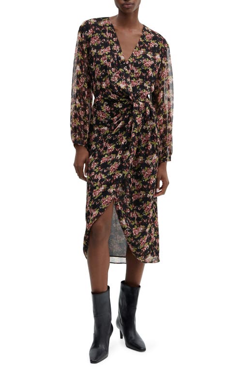 MANGO Floral Twisted Long Sleeve Dress Black at Nordstrom,