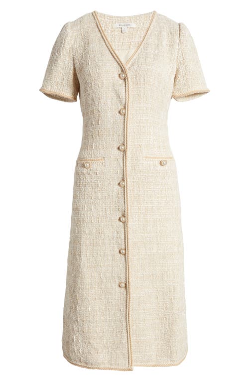 Shop Zoe And Claire V-neck Button Front Tweed Midi Dress In Light Khaki