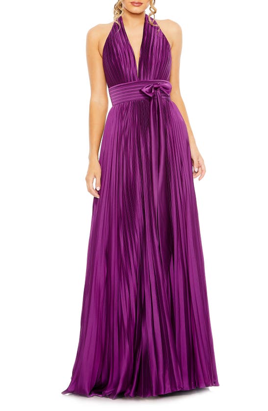 Mac Duggal Pleated Halter Neck Satin Gown In Plum