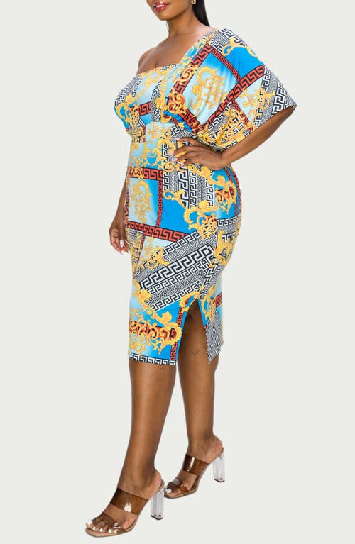 Shop L I V D Sofia Mixed Print One-shoulder Body-con Dress In Blue