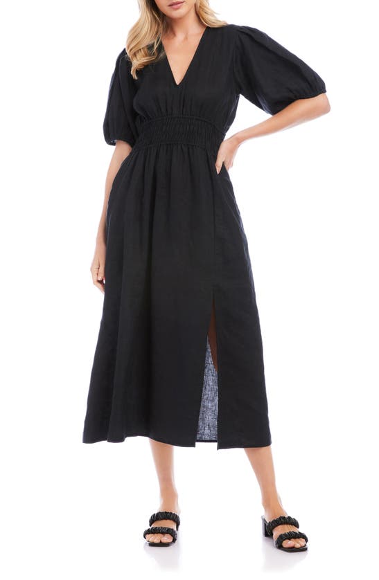 Fifteen Twenty Smocked Waist Linen Maxi Dress In Black | ModeSens