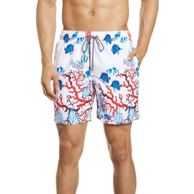 Bugatchi Reef Print Swim Trunks, White