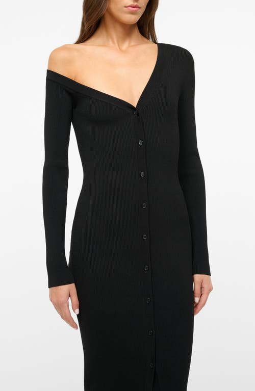 Shop Staud Craftsman One-shoulder Long Sleeve Rib Midi Dress In Black