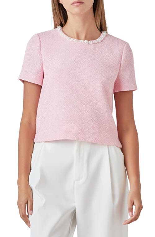 Endless Rose Imitation Pearl Trim Short Sleeve Tweed Top Pink at Nordstrom,