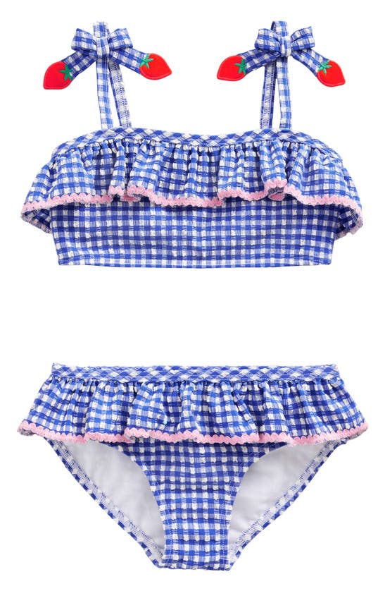 Shop Mini Boden Frilly Seersucker Two-piece Swimsuit In Blue Gingham Strawberries