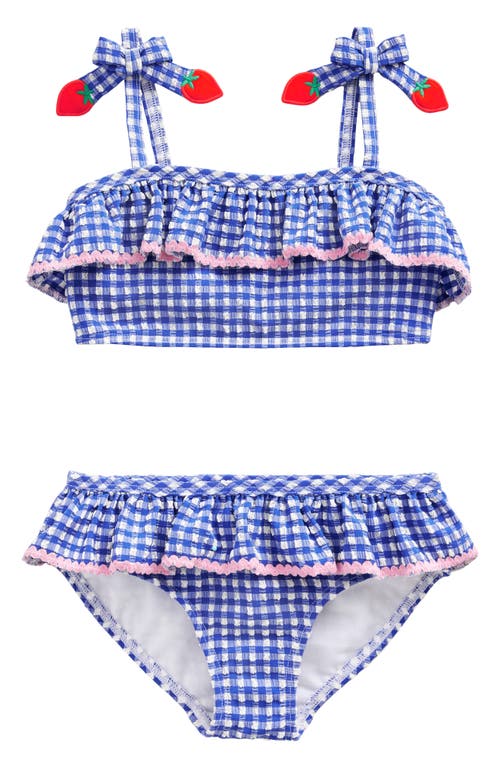 Mini Boden Frilly Seersucker Two-Piece Swimsuit Blue Gingham Strawberries at Nordstrom,