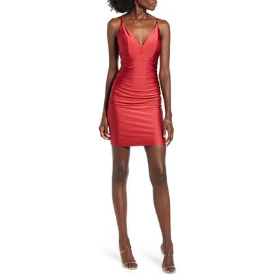 Love, Nickie Lew Ruched Satin Body-Con Dress, Red