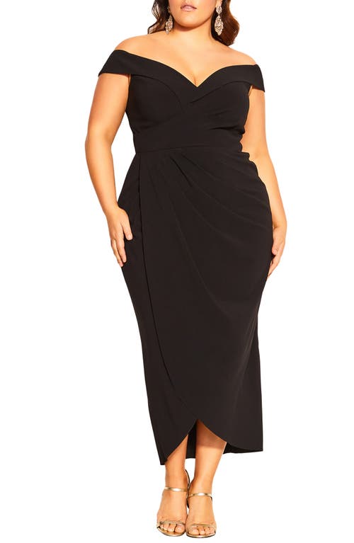 City Chic Ripple Love Off the Shoulder Maxi Dress in Black