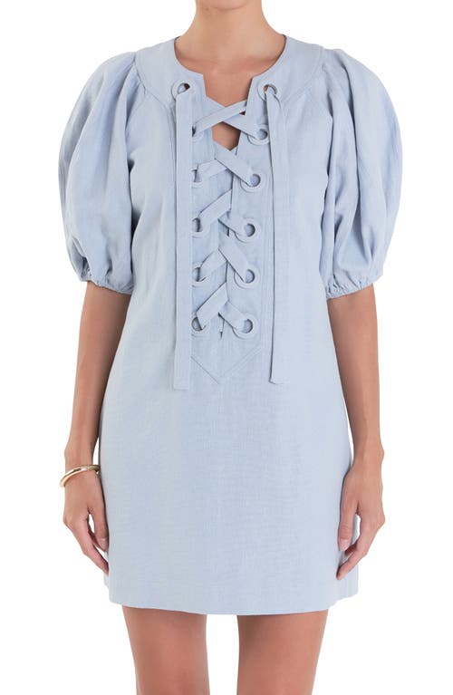 ENGLISH FACTORY ENGLISH FACTORY LACE-UP FRONT PUFF SLEEVE MINIDRESS