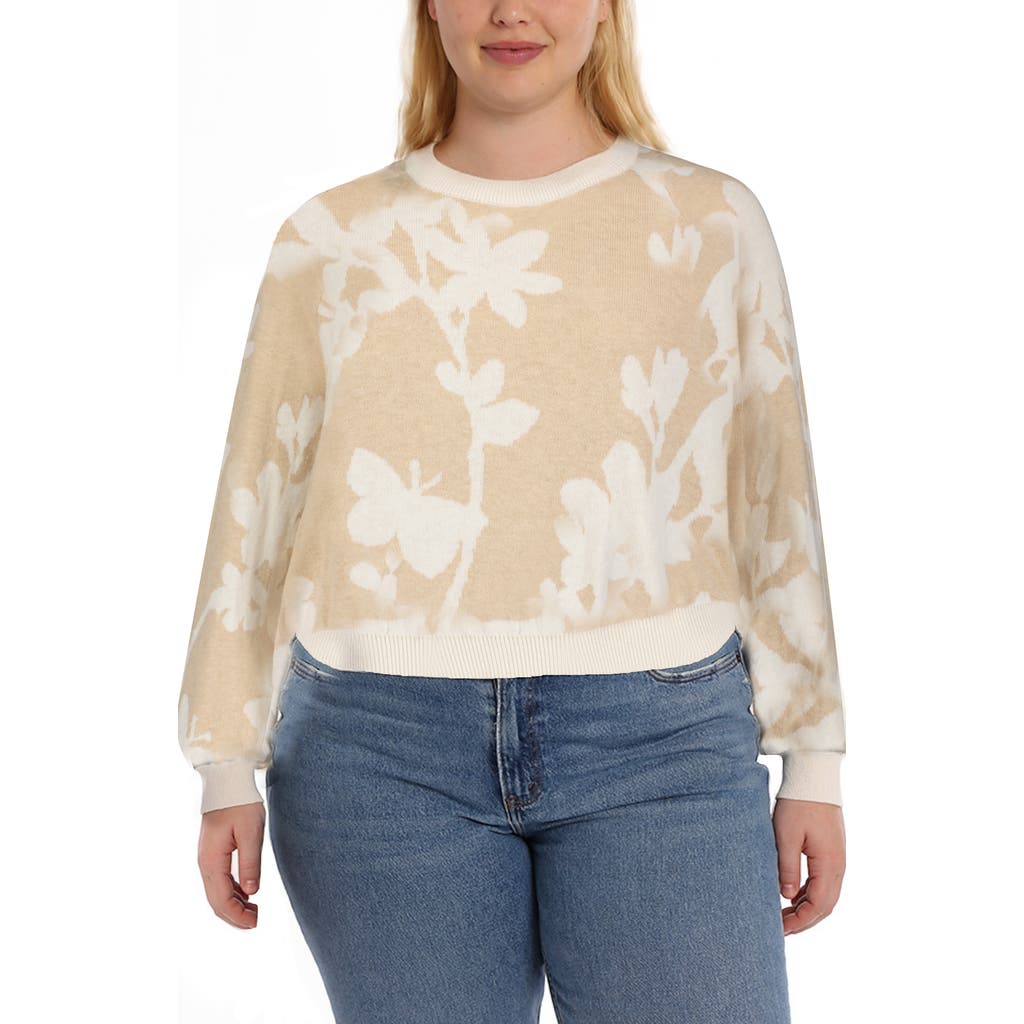Minnie Rose Cotton Cashmere Long Sleeve Reversible Floral Crewneck Sweater In Brown Sugar/starch