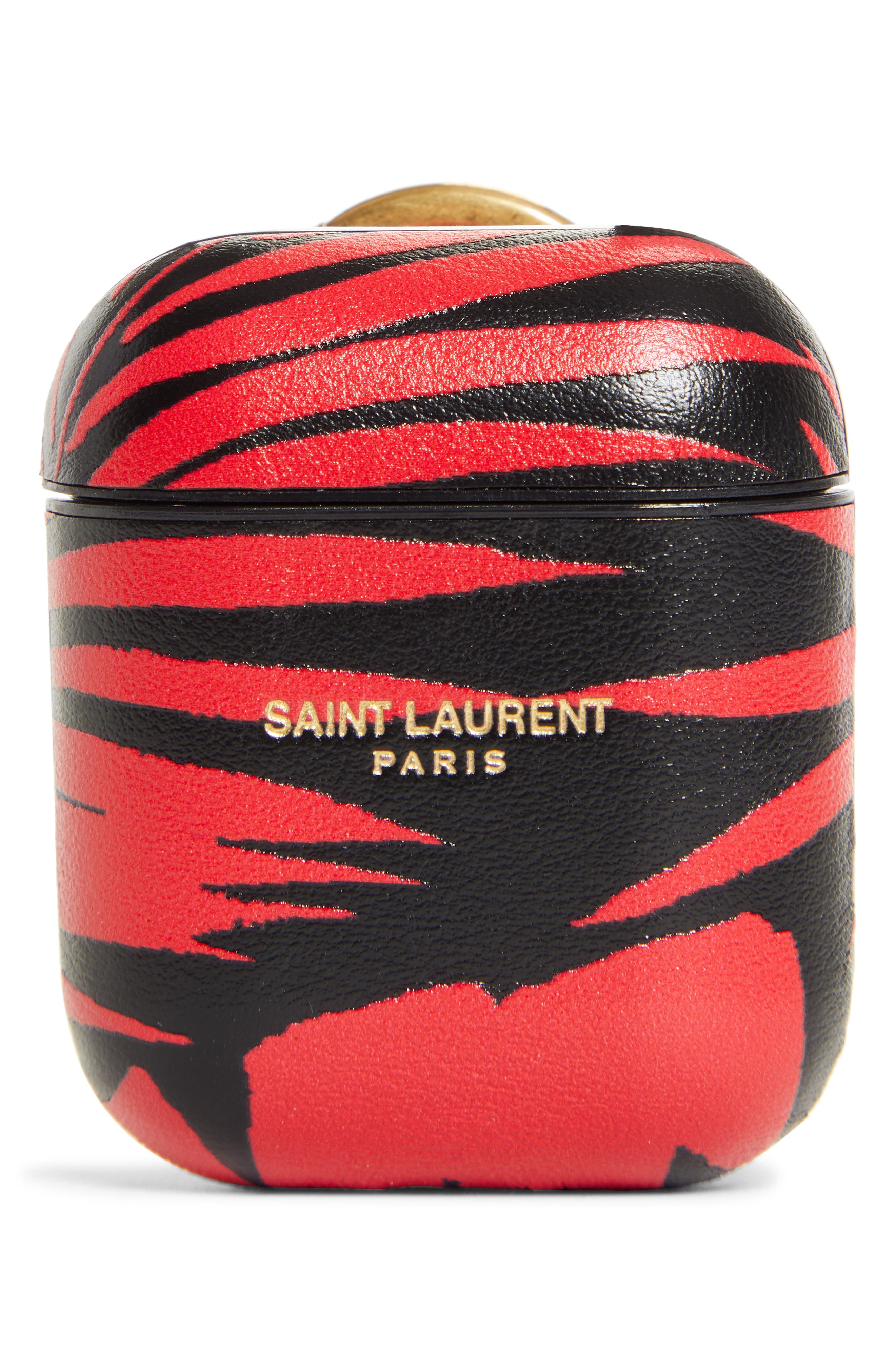 Saint Laurent Tropical Print Leather AirPods Case in Nero/rouge/blk Matt at Nordstrom