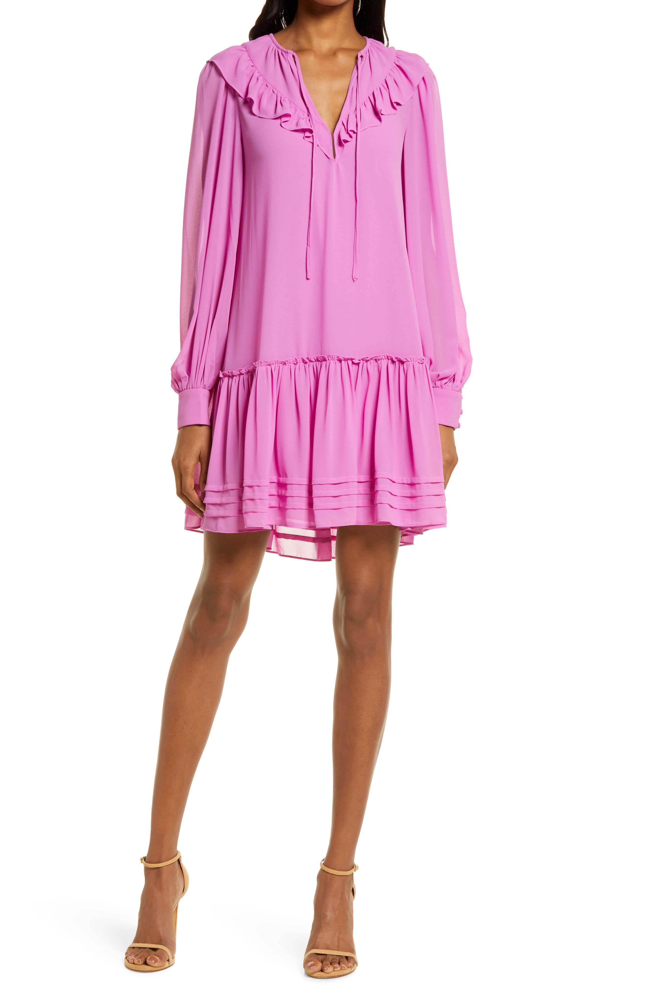 Ever New Smock Ruffle Long Sleeve Dress in Purple at Nordstrom