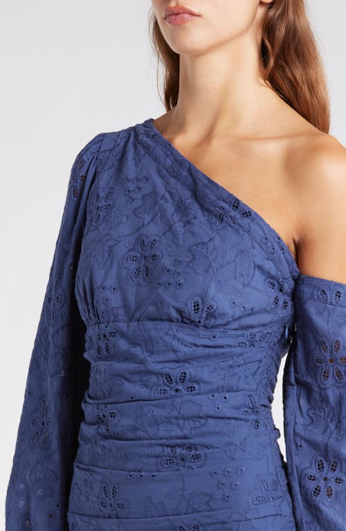 Shop Mistress Rocks Eyelet Embroidered One-shoulder Long Sleeve Minidress In Denim Blue