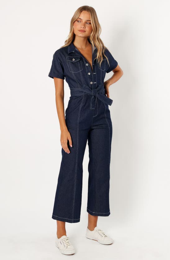 Shop Petal And Pup Petal & Pup Short Sleeve Denim Jumpsuit In Dark Denim