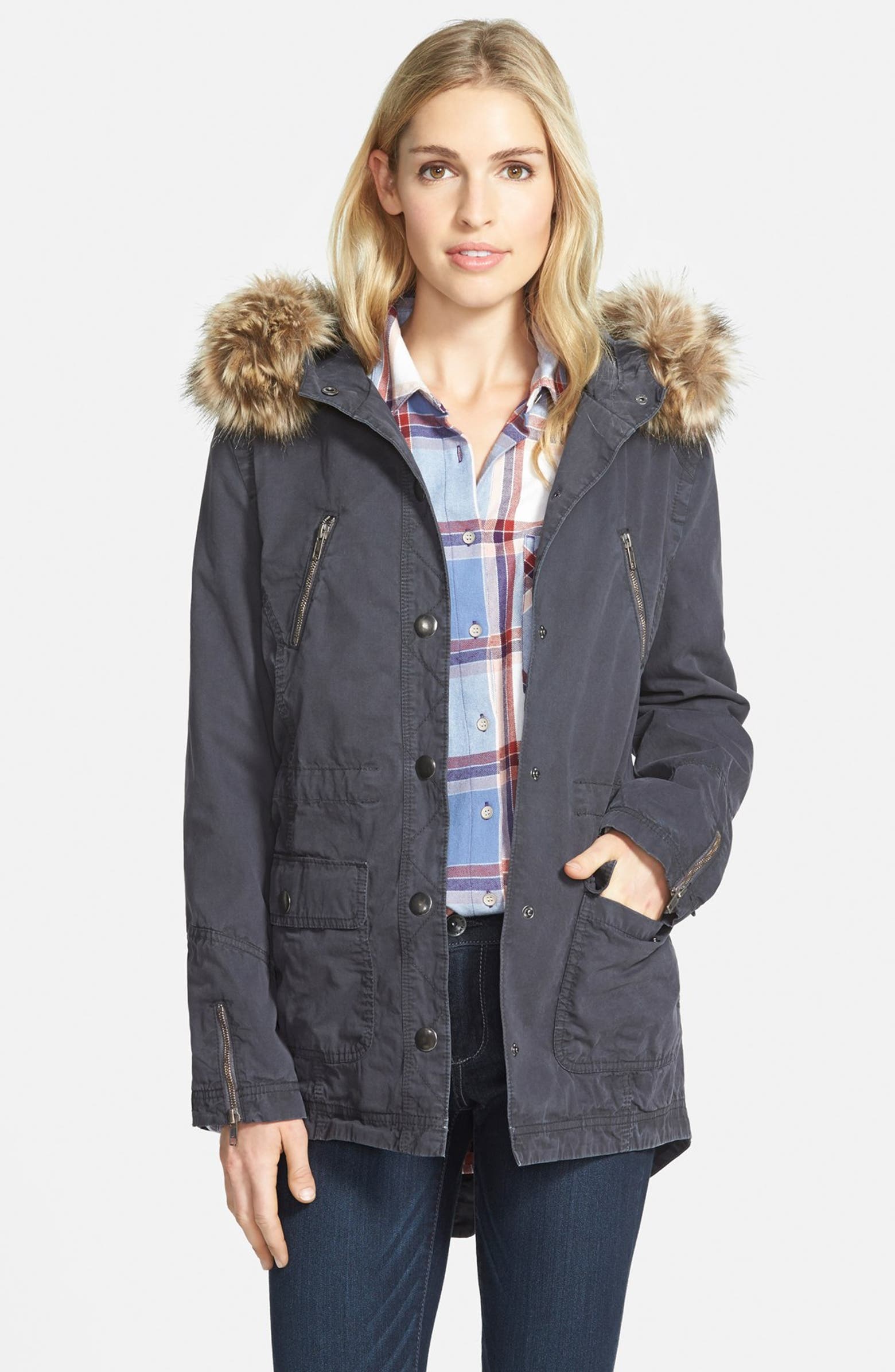 Caslon® Hooded Utility Coat with Removable Faux Fur Trim | Nordstrom