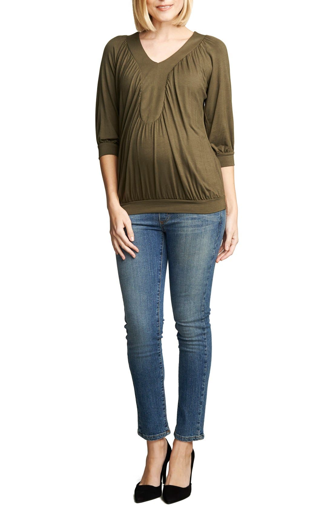 Maternal America Ruched Dolman Top in Olive