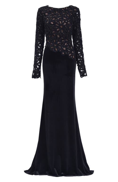 Tadashi Shoji Sequin Lace Bodice Long Sleeve Velvet Gown In Black/nude