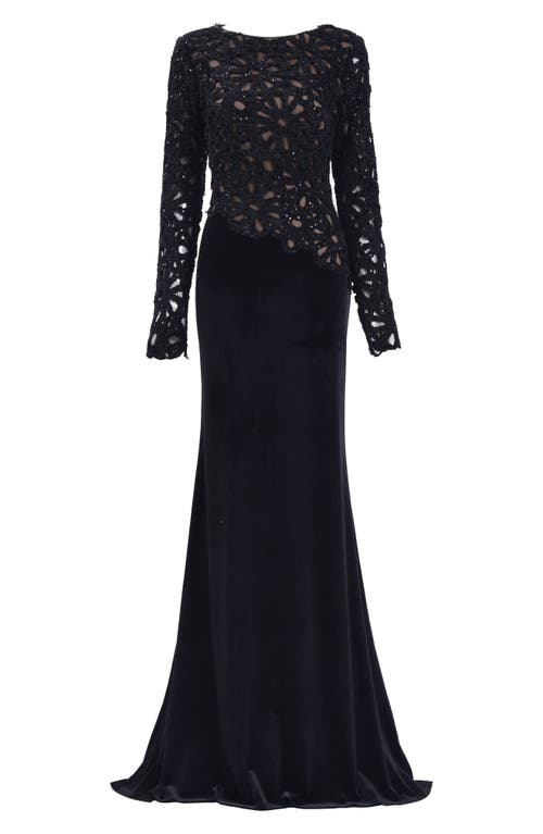 Shop Tadashi Shoji Sequin Lace Bodice Long Sleeve Velvet Gown In Black/nude