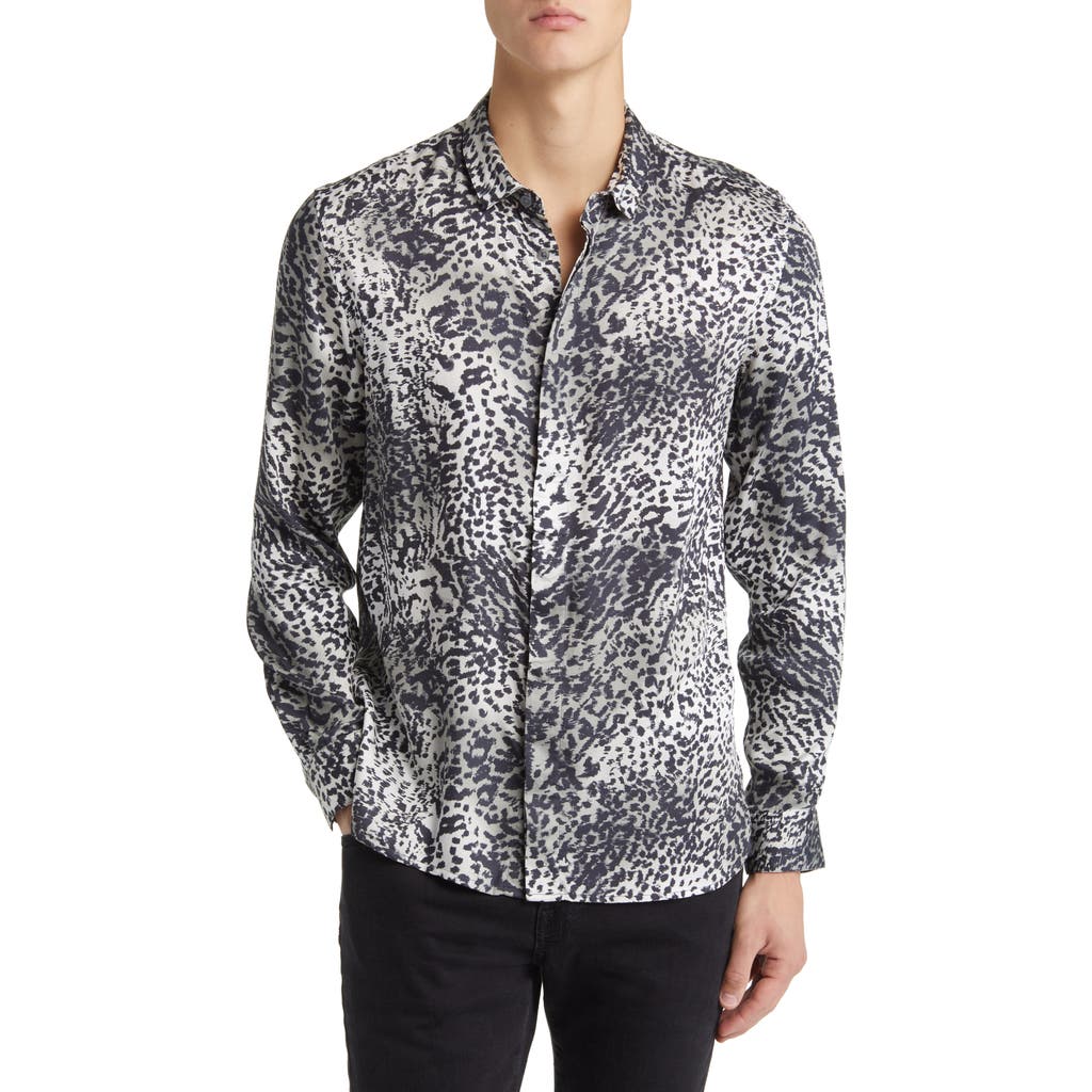 John Varvatos Rodney Cat Print Satin Button-up Shirt In Black/white