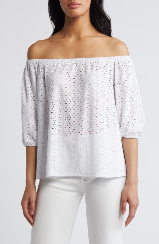 Shop Loveappella Eyelet Off The Shoulder Top In White