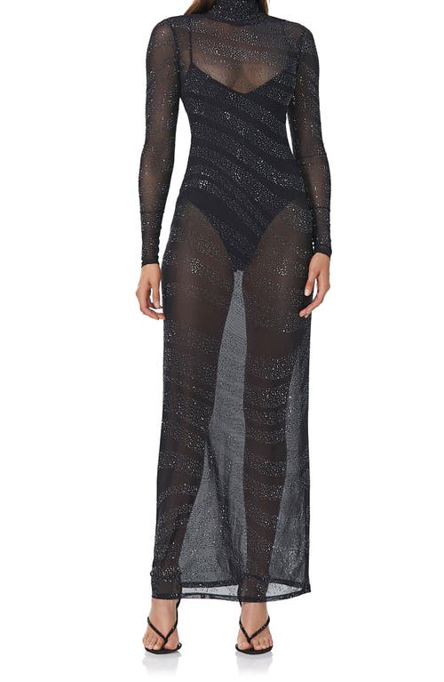 Rowan Sequin Stripe Long Sleeve Mesh Maxi Dress in Hematite Noir