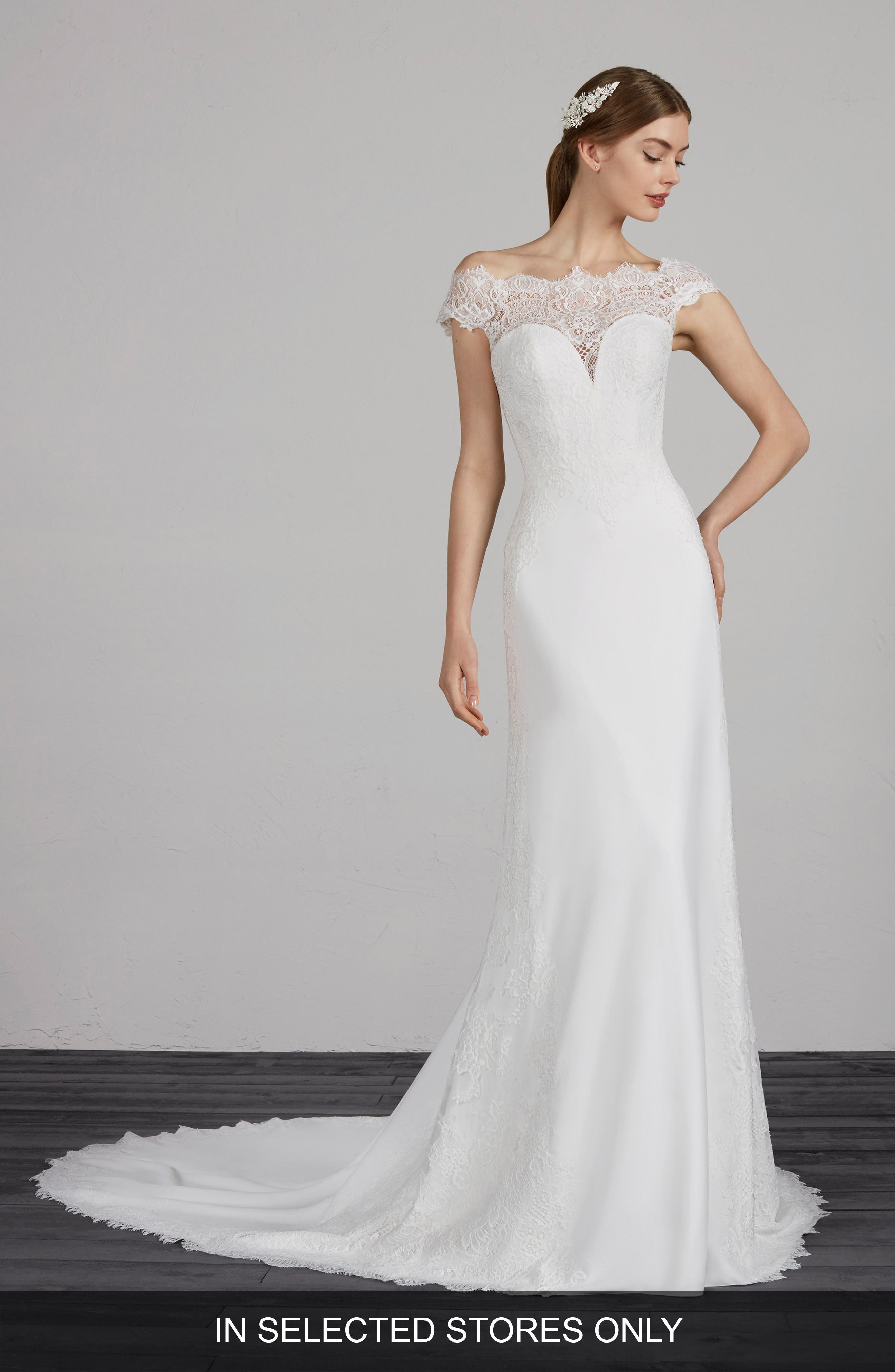 Pronovias Modena Off The Shoulder Lace & Crepe Gown