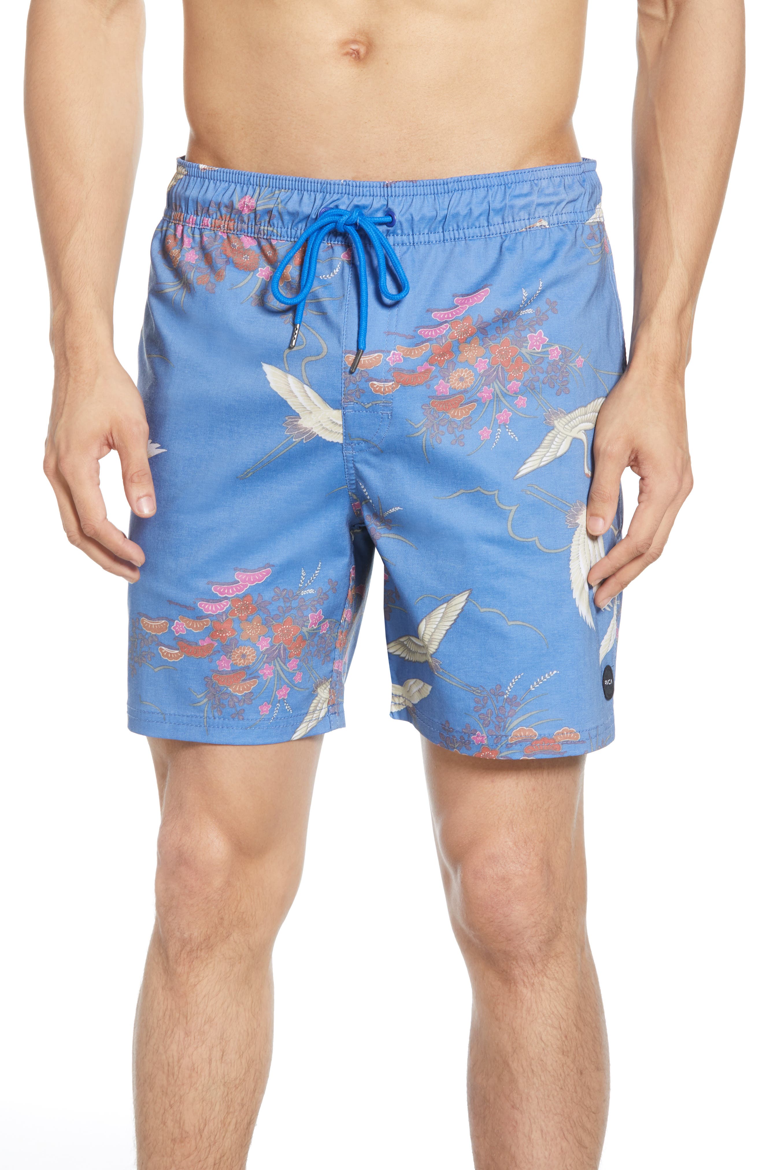 Rvca Eclectic Print Swim Trunks, Blue