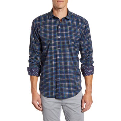 Bugatchi Shaped Fit Plaid Button-Up Performance Shirt, Blue