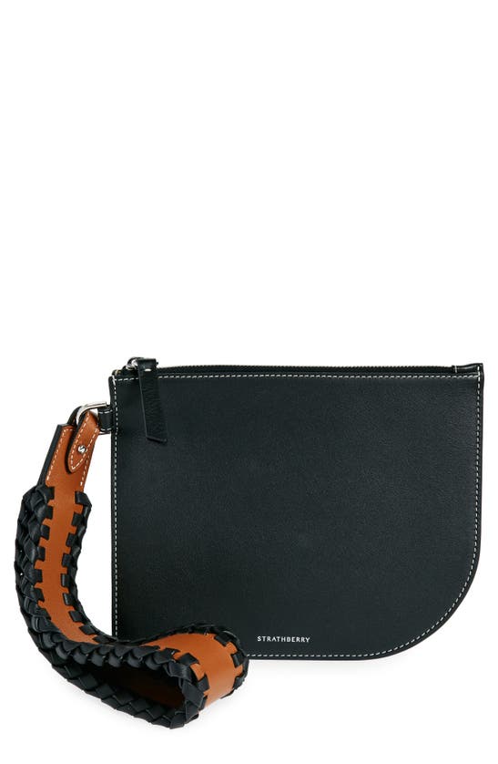 Strathberry X Collagerie Leather Wristlet Pouch In Black/ Chestnut