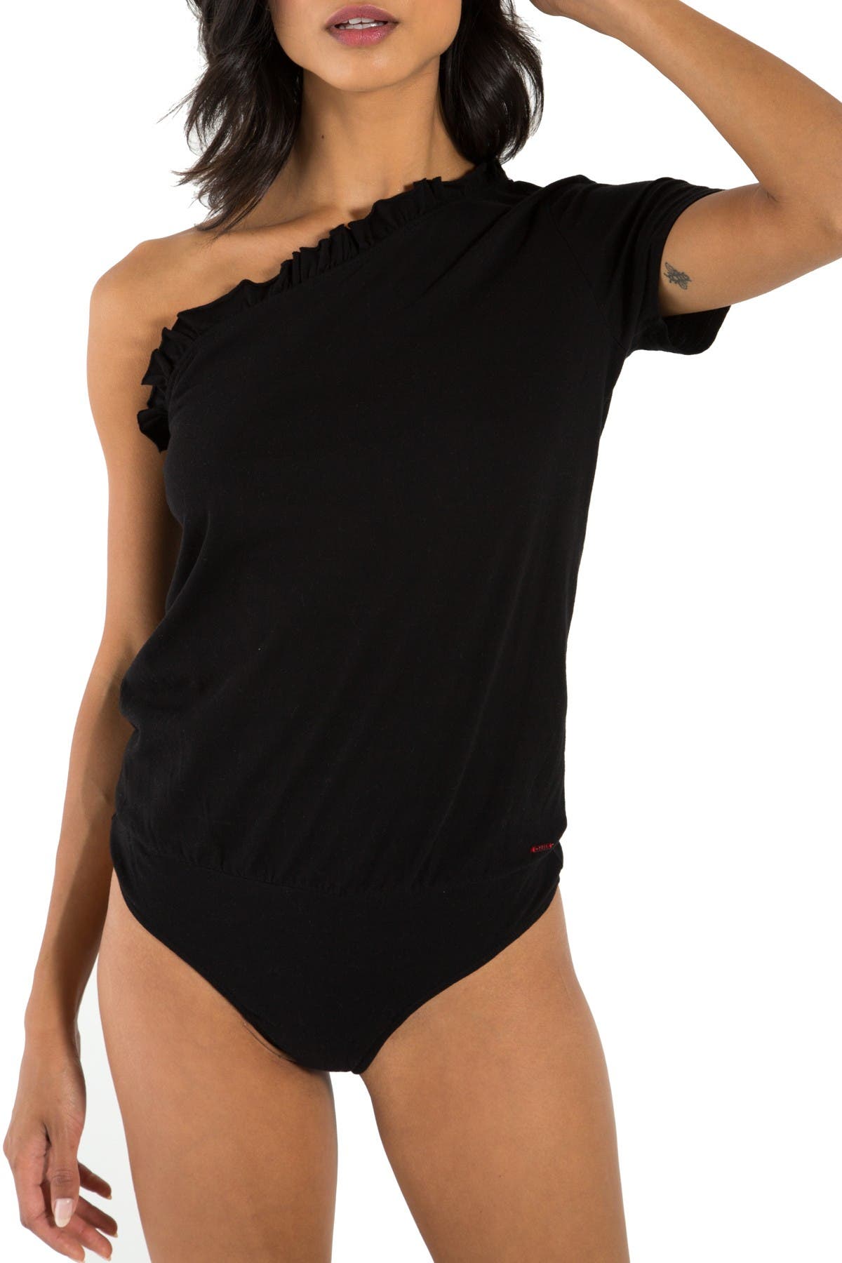 one shoulder ruffle bodysuit