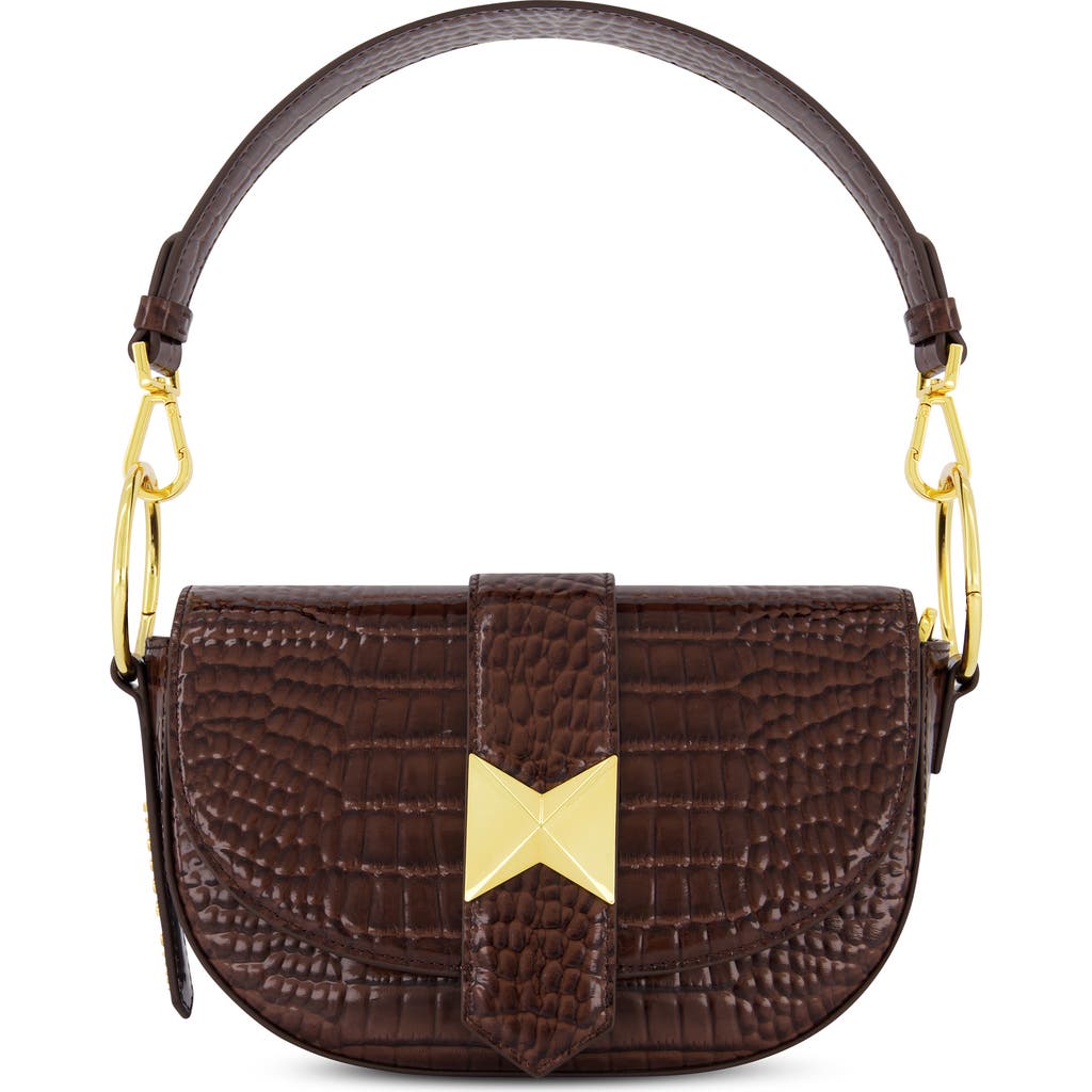 Mac Duggal Crocodile Embossed Leather Gold Hardware Saddle Bag In Chocolate