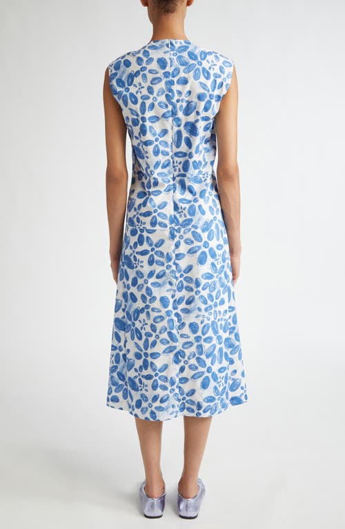 Shop Marni Floral Print Cotton Poplin Midi Dress In Iris Blue