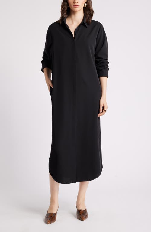 Shop Nordstrom Long Sleeve Satin Midi Shirtdress In Black