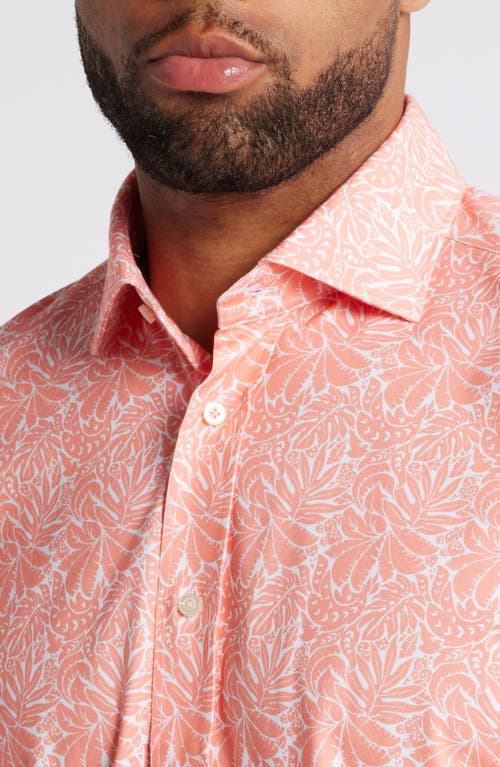 Shop Emanuel Berg 4flex Modern Fit Leaf Print Short Sleeve Knit Button-up Shir In Bright Pink