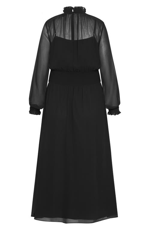 City Chic Portobello Rd Long Sleeve Sheer Mesh Overlay Maxi Dress In Black