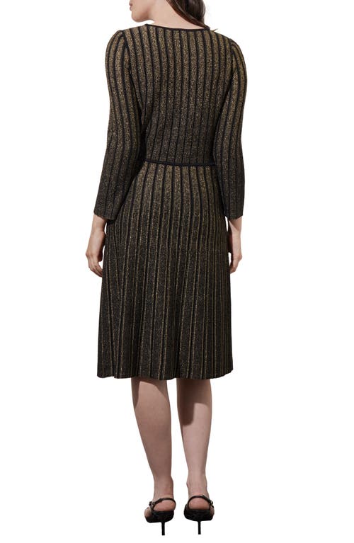 Shop Ming Wang Shimmer Stripe Tie Neck Metallic Sweater Dress In Black/gold