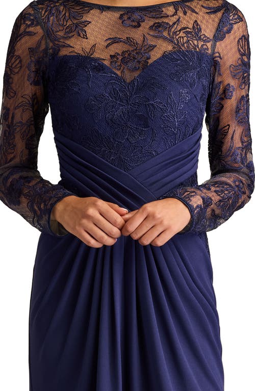 Tadashi Shoji Floral Embroidery Long Sleeve Mixed Media Gown In Notte