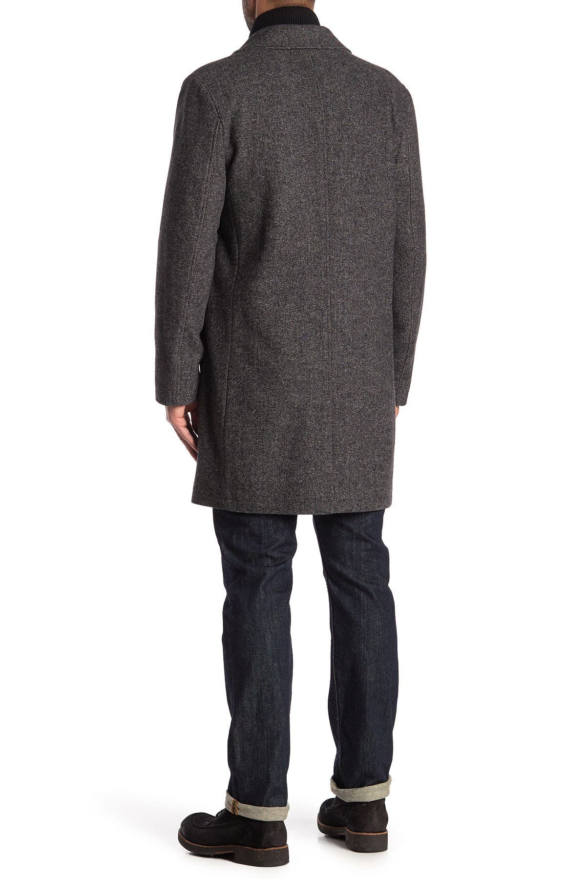 cole haan wool blend leather trim rib knit inset coat