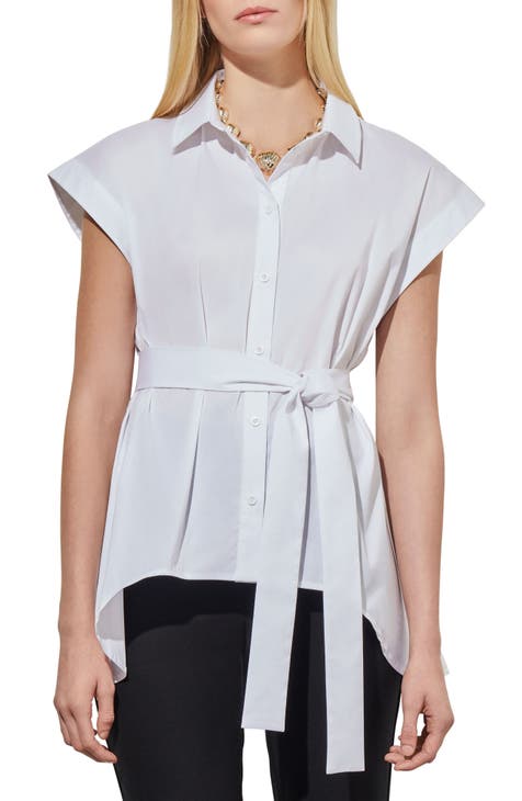 Belted High-Low Button-Up Shirt